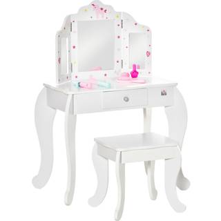 HOMCOM Kids Vanity Table & Stool Girls Dressing Set Make Up Desk Chair Dresser Play Set with Rotatable Mirrors Drawer Star & Heart Pattern White