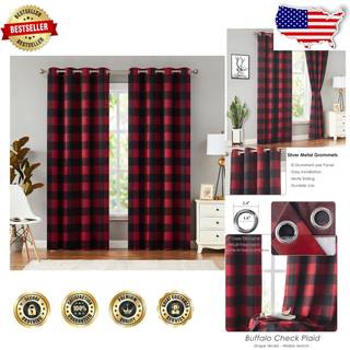Melodieux Buffalo Check Plaid Blackout Gardiner 63 tommer L?ngde til sovev?relse Termisk isoleret v?relse m?rkere Grommet gardiner Sort r?d 50 x