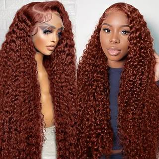 Rdbrun blonde frontparyk Menneskehr 13?6 Deep Wave blonde frontparyk 200% tthed Krllet blonde front Auburn farvet paryk Menneskehr forplukke