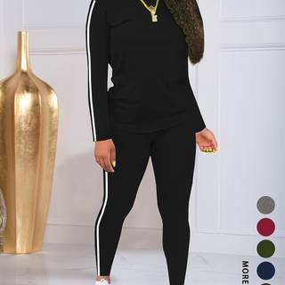 TEMU Women's Fashion Elastic Waist Pants Set With Round Neck Long Sleeve Two-piece Suit