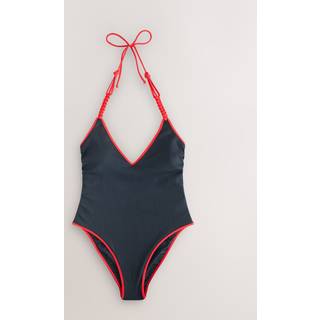 Next Navy Rib/Red Plaited Halter Strap Tummy Control Plunge Swimsuit