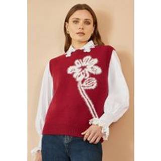Yumi Yumi Red Knitted Flower Sleeveless Jumper Vest