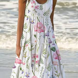 TEMU Women's Floral Print Sleeveless Dress, Casual Crew Neck Knit Polyester A-line Dress With Cat Ears, Spring/summer Fashion, 95% Polyester 5% Elastane, Lightweight 170g/m² Fabric