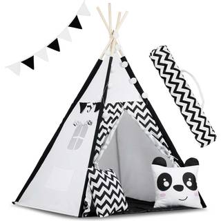 Tipi telt med puder og lamper, panda, sort/hvid