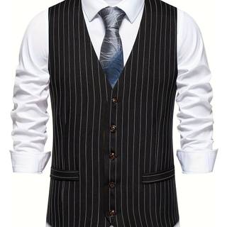 TEMU Men's Vintage Striped Single-breasted Vest, Fashion Casual Suit Waistcoat For Spring/autumn, Classic Dress Vest With Pockets