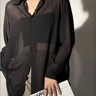 TEMU Charm, Elegant Sheer Chiffon Blouse With Button Front - Long Sleeve, Collared, Solid Color - Spring & Fall - Women's Fashion