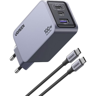 Ugreen X757 Nexode Pro 3-port GaN PD hurtigoplader med USB-C-kabel - 100W - Grå