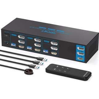 NÖRDIC KVM Switch 3 til 3, 4xUSB3.0 2xDP 1xHDMI 8K30Hz med trådløs kontrol