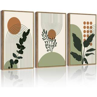 Phopago Boho Plant Wall Art Green Botanical Bohemain Framed Wall Printing 11x14in Abstract Canvas Prints With Leaf & Sun Lines - Natural Framed