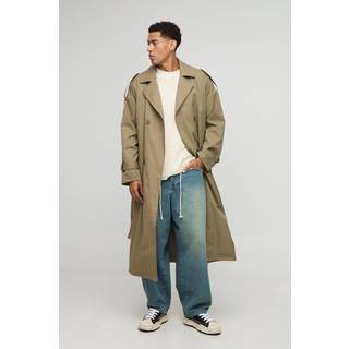 Mens Khaki Oversized Twill Double Breasted Trench Coat
