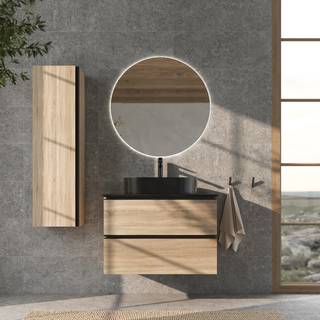 Badrumspaket Ek Luna Trä 80 cm med Cosentino Svart Bänkskiva, Högskåp, Spegel, Handfat, Tvättställsblandare & Bottenventil