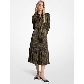 MK Paisley Print Satin Tie-Neck Midi Dress - Green - Michael Kors