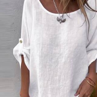 TEMU Solid Color Adjustable Three-quarter Sleeve Blouse, Elegant Crew Neck Blouse For Spring & Fall, Women's Clothing