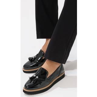 Lts Black Patent Tassel Slipon Loafers In Standard Fit Standard > 8 Lts | Tall Women's Flats - Standard 8