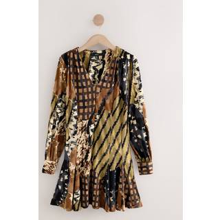 Next Brown Spliced Animal Print Long Sleeve A-Line Mini Dress - 38