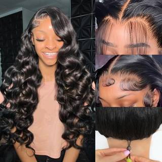 28 Tommer 13x6 Body Wave Blonde Frontparykker Menneskehr 200 Density HD Transparent Blonde Frontalparykker Menneskehr Elastisk snoretrk Gluele