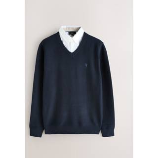 Next Navy Blue V-Neck Regular Fit Textured Oxford Mock Shirt Jumper