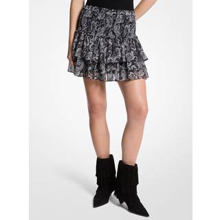 MK Metallic Paisley Print Smocked Georgette Ruffled Skirt - Grey - Michael Kors - XL
