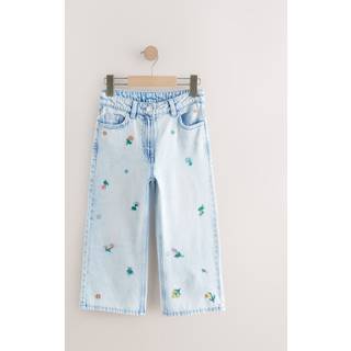 Next Mid Blue Floral Embroidered Wide Leg 100% Cotton Jeans (3-16yrs)