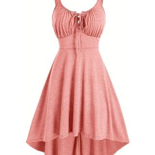 TEMU Vintage-inspired Tie-front A-line Dress With Eyelet Detailing, High-low Hem, Casual For Home Or Vacation, Solid Color - Polyester, Wear, Casual | Vintage A-line Dress | Polyester