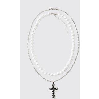 Mens Silver Layered Cross And Mock Pearl Necklace