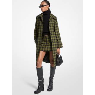 MK Plaid Stretch Wool Belted Balmacaan Coat - Green - Michael Kors