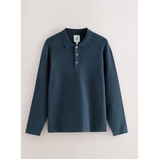 Next Blue Button Neck Regular Fit Premium Long Sleeve Knit Polo Shirt - xlarge