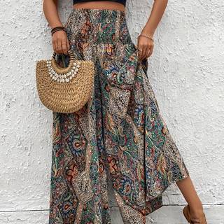 TEMU Women's Bohemian Paisley Wide-leg Pants - Casual Loose Fit, Elastic Waist, Vibrant Floral Pattern, Spring/fall, Casual Attire|bohemian Style| Fabric