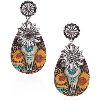 Rustik coutures vestlige træ store øreringe til kvinder Sunflower Erklæring Big Country Dangle smykker RCE-1046SL