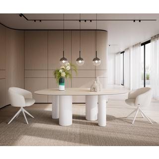 Esstisch Edge Oval 220x120 Keramik Laminam®Travertino Bianco Creme-Weiß ?Pilier Metall Weiß