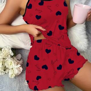 TEMU Wine Red Heart Print Camisole Shorts Women's Pajama Set