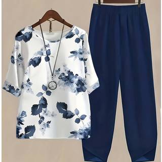 TEMU Elegant Floral Print Crew Neck Short Sleeve Top And Pants Set | Casual Loose Fit, Pullover Style, No Belt, Suitable For Spring/fall