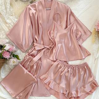 TEMU Women's V-neck Pajama Set - Comfortable, Sexy, Polyester 4pcs Sleepwear With Tie Waist And Drawstring Shorts, Autumn And Winter, Autumn Winter Sleepwear | Stylish Sleepwear | Polyester Fabric