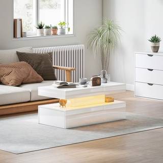 HOMCOM Coffee Table with Storage, High Gloss Living Room Table with LED, White Aosom UK