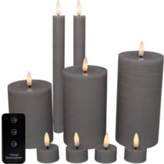 LED lyssæt - Bloklys, kronelys og fyrfadslys, grå - 10 dele inkl. fjernbetjening