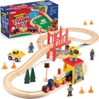 Træstog sæt småbarnslegetøj - 38 PCS Træstogspor til småbørn 3-4 år med Crane Bridge & Accessories - kompatibelt med alle større mærker