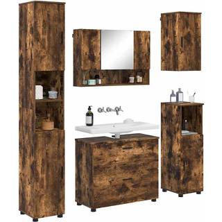 Badeværelsesmøbel sæt 5 pcs Røget eg Samlet træ og metal