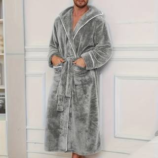 TEMU Luxurious Men's Bathrobe With Color- - Soft, Comfortable Long Sleeve Hooded Robe With Belt Detail, Machine Washable For Home & Hotel Use