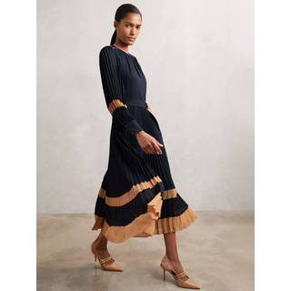 Reiss Reiss Navy/Camel Tori Colour-Block Pleated Midi Dress - 40