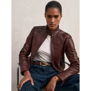 Reiss Reiss Burgundy Astra Fitted Leather Biker Jacket