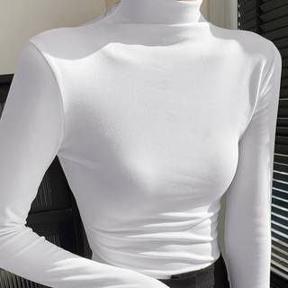 TEMU Women's Brushed Turtleneck Base Layer Top - Thermal Shirt For Winter, Versatile Outerwear Or Layering Piece, Solid Color Mid-weight , Winter Clothing, Elastic Fabric