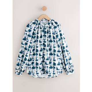 Next Ecru/Navy Grid Print Long Sleeve V-Neck Blouse