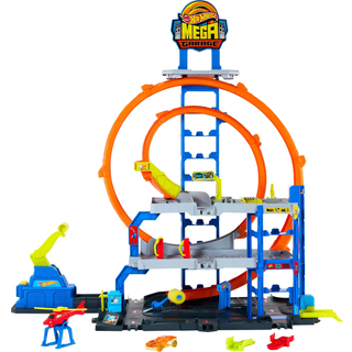 Hot Wheels City Mega Loop Garage legetøjsæt med 3 etager, elevator og metalbil - 65 cm høj