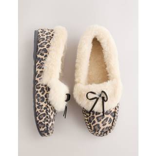 Next Tan Brown Animal Print Moccasin Fur Trim Slippers