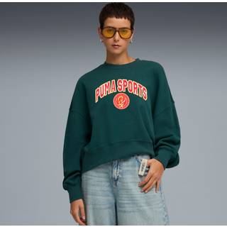 PUMA Wardrobe Essentials Sports Legacy Oversized Graphic Crew Sweatshirt Women, Clothing, Green Terrain, XS