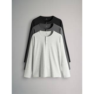 The Set The Set Black/Charcoal/Grey Marl 3 Pack Long Sleeve Cotton Henley T-Shirts