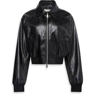 Cropped Faux Leather Bomber Jacket - Black - M
