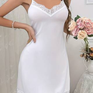 TEMU Sexy V-neck Sleeveless Dress With Contrast Lace Detail, 95% Polyester 5% Elastane, Knit Fabric, Solid Color Hip Skirt Silhouette For Women