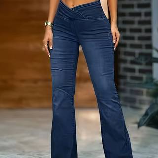 TEMU Women's High-waisted Stretch Denim Pants, Fashionable And Versatile 25aw Waist Dark Blue Flared Jeans