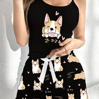 TEMU Women's Pajama Set, Cute Dog Print, , Spaghetti Strap, Animal Pattern, , Tie Detail, Adult Fabric, Wear